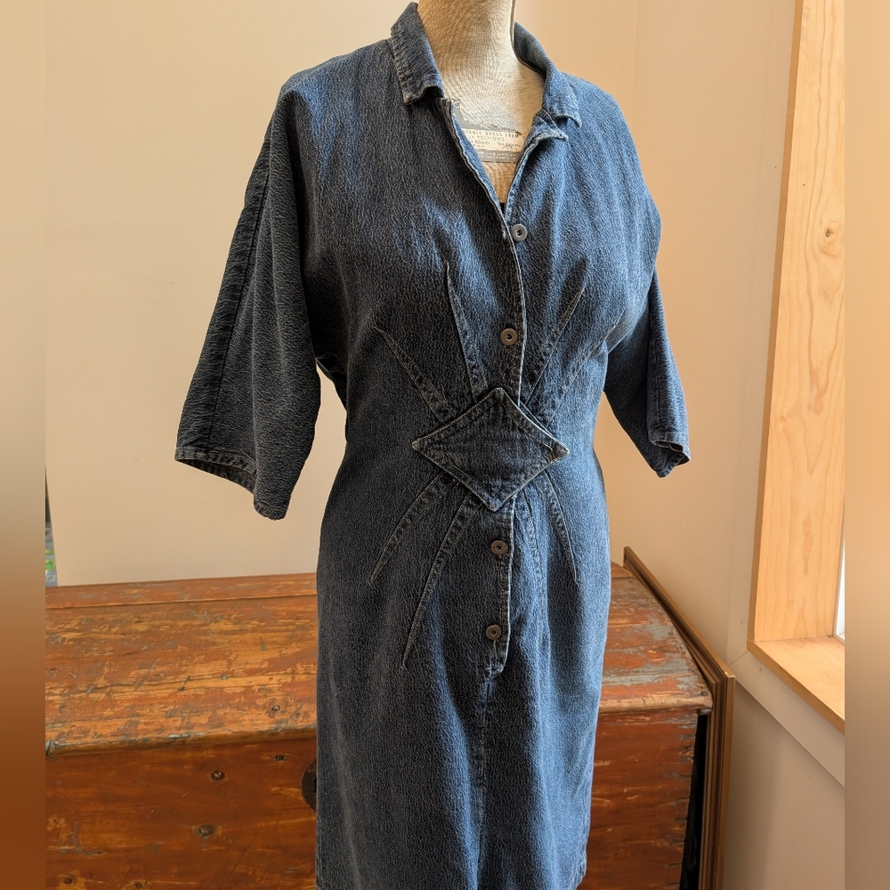 Vintage Denim Dress, Button Up Front, Snatched Waist, Avon Fashions, Size 8